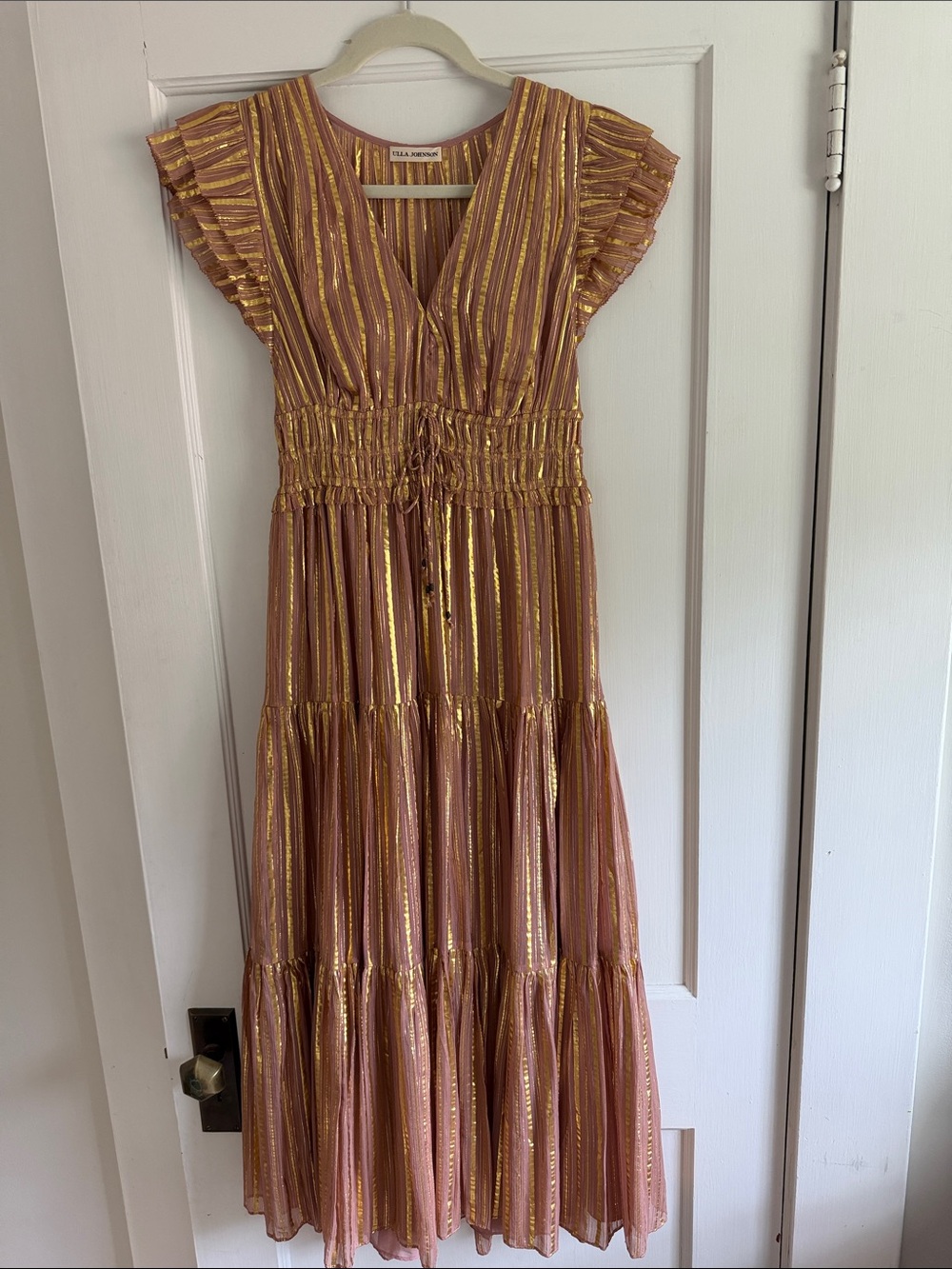 Ulla Johnson Rose Pink Metallic-Striped Flutter Maxi Dress sz 4